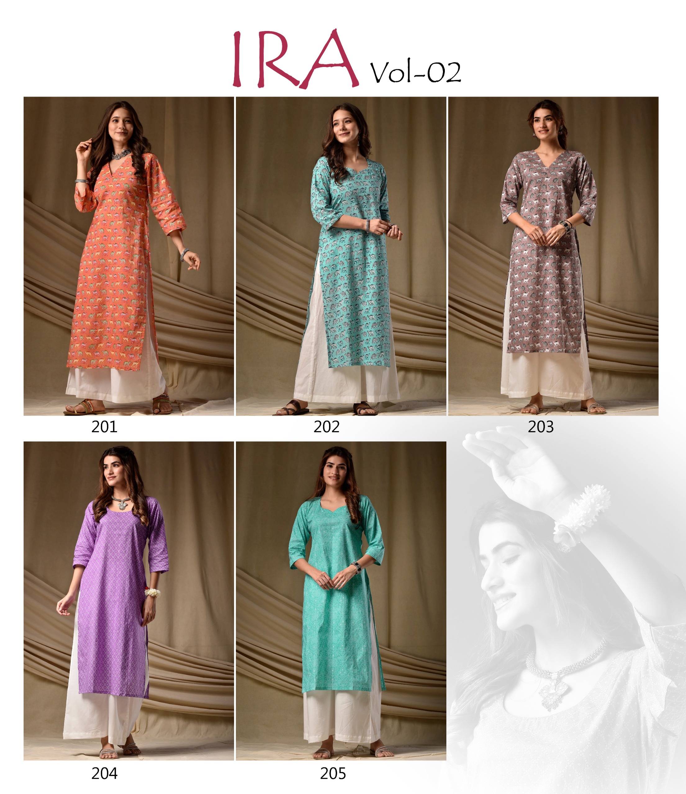 IRA Vol 2 By IRA fashion 201 To 205 Series Beautiful Festive Suits Colourful Rayon Print Kurtis At Wholesale Price
